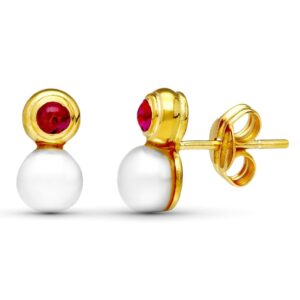 18K PENDIENTES ORO AMARILLO PERLA Y PIEDRA ROJA 10X5 MM