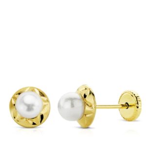 9K PENDIENTES ORLA TALLADA PERLA 4 MM DIAMETRO 6 MM