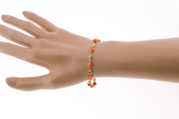 18K PULSERA ORO AMARILLO CON JAULAS Y CORAL FINO JAPONES 5 MM 20 CM - Imagen 2