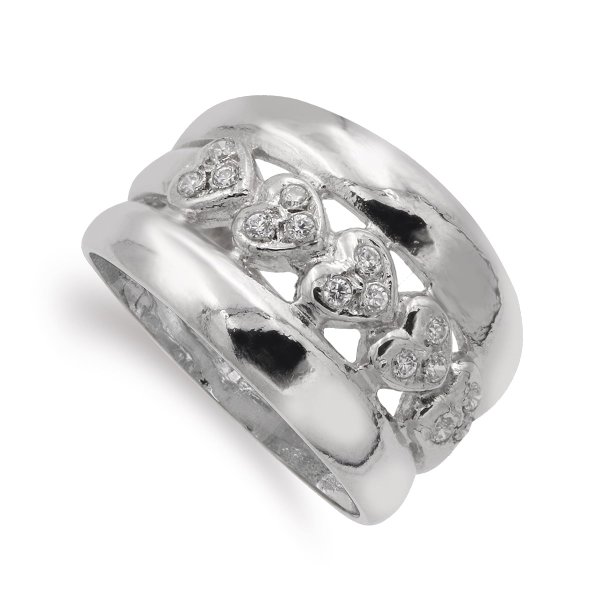 18K SORTIJA ORO BLANCO CORAZONES Y CIRCONITAS 13 MM