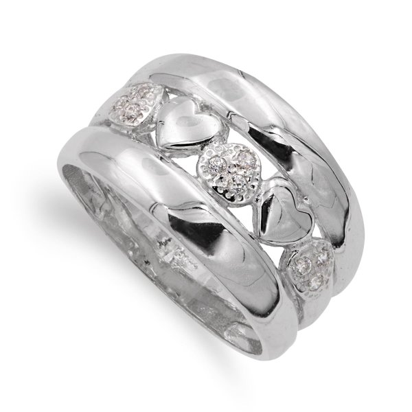 18K SORTIJA ORO BLANCO CORAZONES Y CIRCONITAS 12 MM