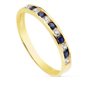 18K SORTIJA ORO AMARILLO CIRCONITAS AZULES Y BLANCAS. ANCHO CUERPO 2.5 MM