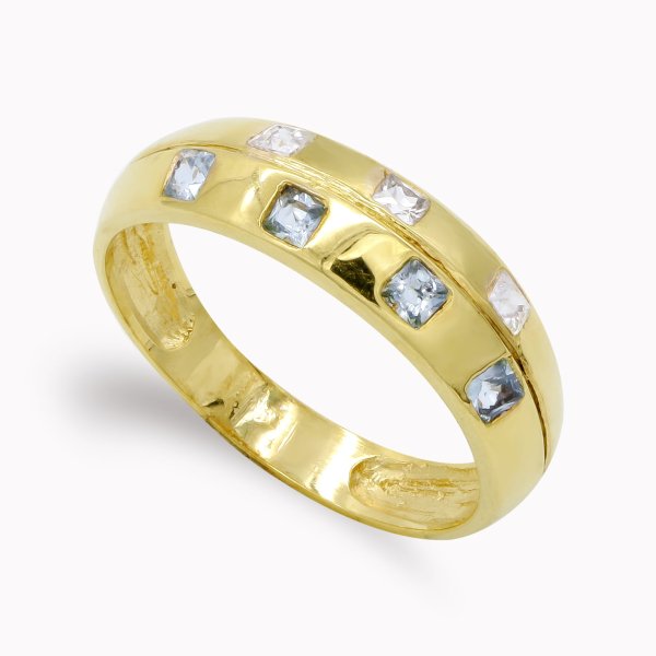 18K SORTIJA ORO AMARILLO CON CIRCONITAS TALLA PRINCESA Y PIEDRAS AGUAMARINA