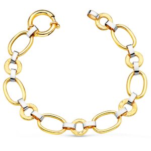 18K PULSERA ORO BICOLOR ESLABONES OVALES Y REDONDOS ANCHO 11 MM LARGO 19 CM