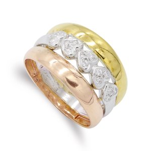 18K SORTIJA ORO TRICOLOR CORAZONES CIRCONITAS