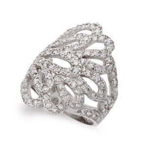18K SORTIJA ORO BLANCO HOJAS CON CIRCONITAS ANCHO 27 MM