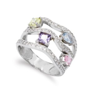 18K SORTIJA ORO BLANCO PIEDRAS DE COLOR Y CIRCONITAS