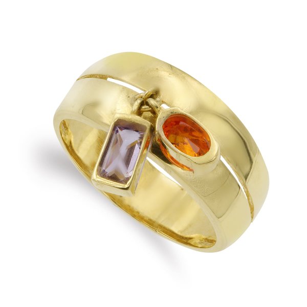 18K SORTIJA ORO AMARILLO DOS PIEDRAS AMATISTA Y NARANJA