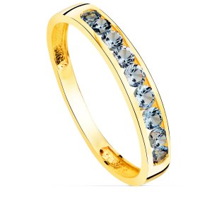 18K SORTIJA ORO AMARILLO 9 CIRCONITAS AGUAMARINA. ANCHO CUERPO 3.5 MM