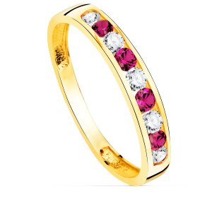 18K SORTIJA ORO AMARILLO 9 CIRCONITAS BLANCAS Y ROJAS. ANCHO CUERPO 3.5 MM