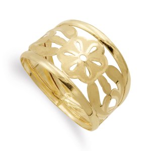 18K SORTIJA ORO AMARILLO FLORES CALADA MATE Y BRILLO ANCHO 14 MM