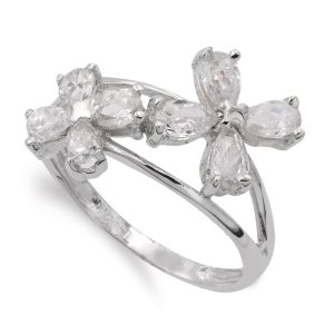 18K SORTIJA ORO BLANCO CON FLORES DE CIRCONITAS ANCHO 13 MM