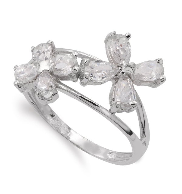 18K SORTIJA ORO BLANCO CON FLORES DE CIRCONITAS ANCHO 13 MM