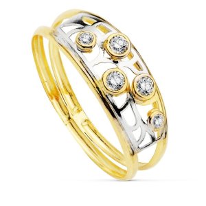 18K SORTIJA ORO BICOLOR DOBLE CUERPO CON CIRCONITAS Y MOTIVOS CALADOS. ANCHO: 7 MM