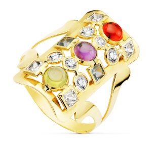18K SORTIJA ORO AMARILLO LANZADERA CIRCONITAS COLORES. ANCHO 23X12 MM