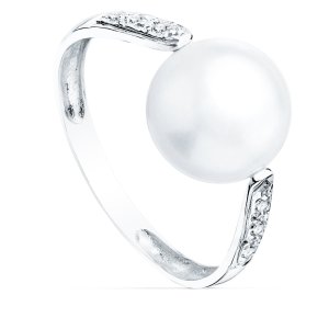 18K SORTIJA ORO BLANCO PERLA 10 MM CON CIRCONITAS 11 MM ANCHO CUERPO 2.8 MM