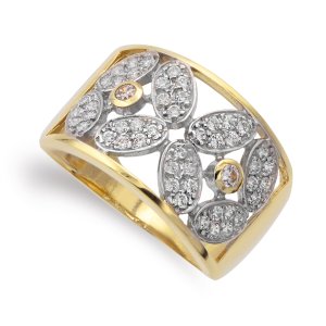 18K SORTIJA ORO BICOLOR MACIZA MOTIVOS DE HOJAS CON CIRCONITAS ANCHO 13 MM