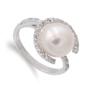 18K SORTIJA ORO BLANCO Y CIRCONITAS CON PERLA 10 MM. ANCHO CUERPO: 3 MM