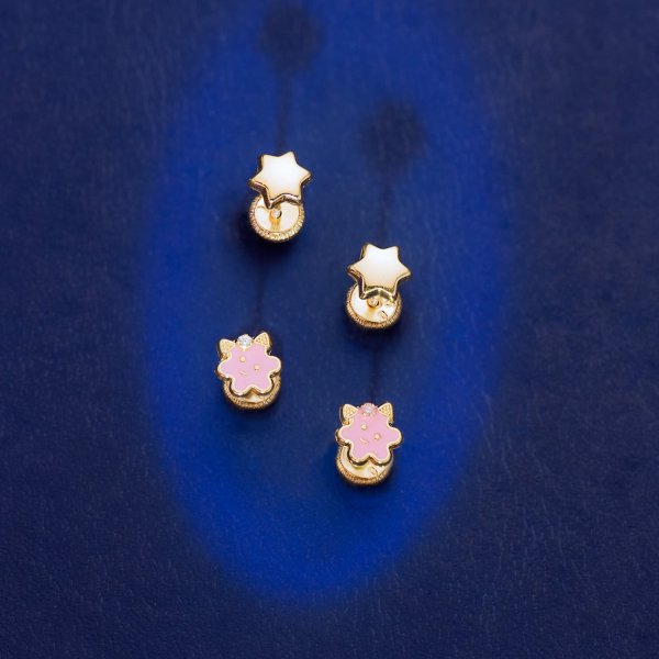 18K PENDIENTES ORO AMARILLO FLOR ESMALTE ROSA CIERRE TUERCA 6,5 X 6,5 MM - Imagen 2