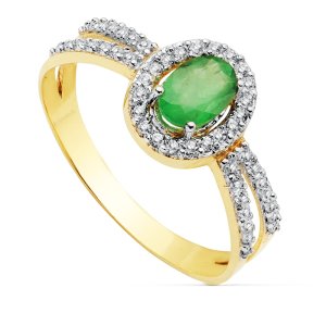 18K SORTIJA ORO BICOLOR CON CIRCONITAS Y ESMERALDA OVAL 6X4 MM