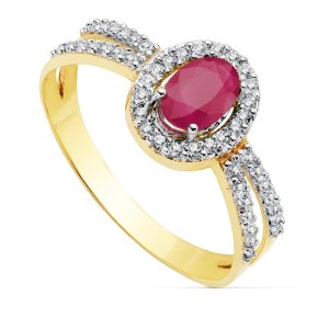 18K SORTIJA ORO BICOLOR CON CIRCONITAS Y RUBI OVAL 6X4 MM