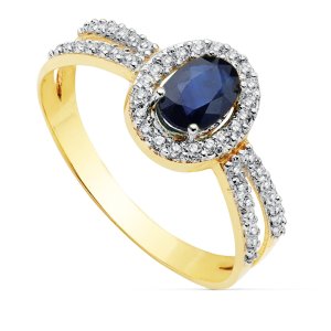18K SORTIJA ORO BICOLOR CON CIRCONITAS Y ZAFIRO OVAL 6X4 MM