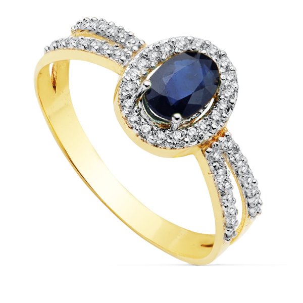 18K SORTIJA ORO BICOLOR CON CIRCONITAS Y ZAFIRO OVAL 6X4 MM