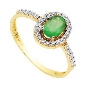 18K SORTIJA ORO BICOLOR CON CIRCONITAS Y ESMERALDA DE 6X4 MM