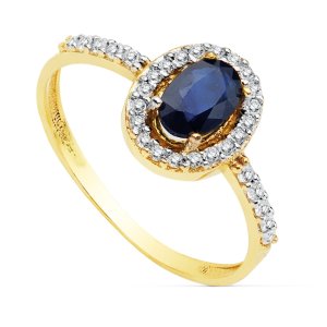 18K SORTIJA ORO BICOLOR CON CIRCONITAS Y ZAFIRO DE 6X4 MM