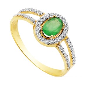 18K SORTIJA ORO BICOLOR CON CIRCONITAS Y ESMERALDA DE 6X4 MM