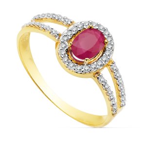 18K SORTIJA ORO BICOLOR CON CIRCONITAS Y RUBI DE 6X4 MM
