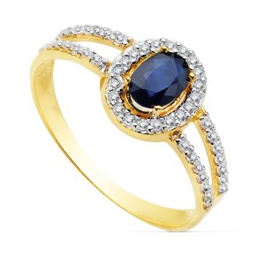 18K SORTIJA ORO BICOLOR CON CIRCONITAS Y ZAFIRO DE 6X4 MM