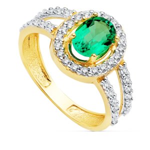 18K SORTIJA ORO BICOLOR CON CIRCONITAS Y ESMERALDA 0.79 QTES DE 7X5 MM