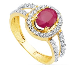 18K SORTIJA ORO BICOLOR CON CIRCONITAS Y RUBI DE 7X5 MM