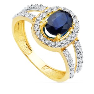 18K SORTIJA ORO BICOLOR CON CIRCONITAS Y ZAFIRO DE 6X5 MM