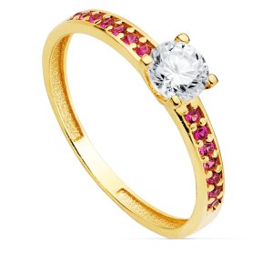18K SOLITARIO ORO AMARILLO GARRAS CIRCONITA 5 MM Y CIRCONITAS ROJAS