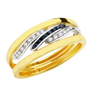 18K SORTIJA ORO BICOLOR BANDAS Y CIRCONITAS BLANCAS Y AZULES. ANCHO CUERPO 6 MM
