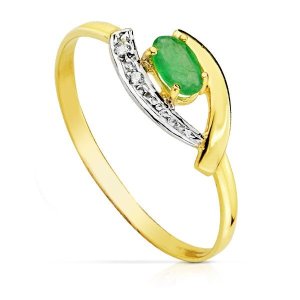 18K SORTIJA ORO BICOLOR CON CIRCONITAS Y ESMERALDA 5X3 MM