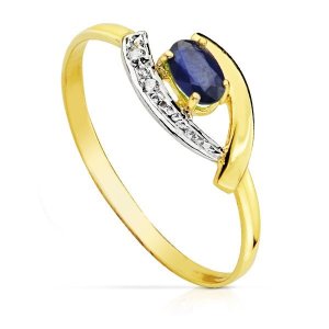 18K SORTIJA ORO BICOLOR CON CIRCONITAS Y ZAFIRO 5X3 MM