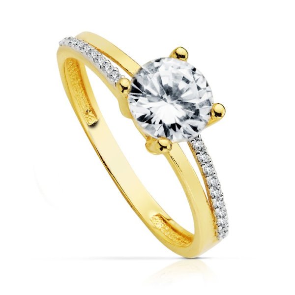 18K SOLITARIO ORO BICOLOR CON CIRCONITAS Y 4 GARRAS CON CIRCONITA DE  7 MM