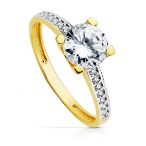 18K SOLITARIO ORO BICOLOR CON CIRCONITAS y 4 GARRAS CON CIRCONITA 7MM