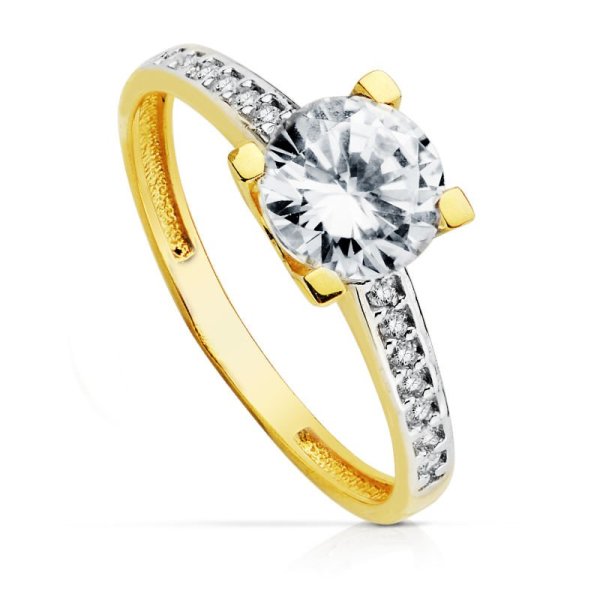 18K SOLITARIO ORO BICOLOR CON CIRCONITAS y 4 GARRAS CON CIRCONITA 7MM
