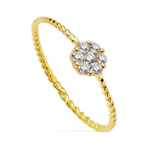 18K SORTIJA ORO AMARILLO CON CUAJO DE CIRCONITAS Y CUERPO RIZADO 1 MM