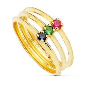 18K SORTIJA ORO AMARILLO TRIPLE CUERPO CON CIRCONITAS DE COLORES