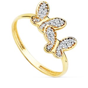 18K SORTIJA ORO BICOLOR CON DOS MARIPOSAS Y ALAS DE CIRCONITAS