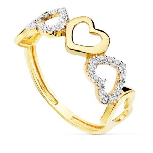 18K SORTIJA ORO BICOLOR CINCO CORAZONES LISOS Y CON CIRCONITAS