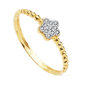 18K SORTIJA ORO BICOLOR FLOR DE 5 MM CON CIRCONITAS CUERPO BOLITAS