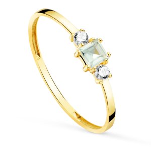 18K SORTIJA ORO AMARILLO PIEDRA AGUAMARINA Y CIRCONITAS ANCHO CUERPO 1.5 MM