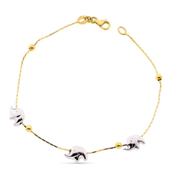 18K PULSERA ORO BICOLOR ELEFANTESY BOLAS LISAS 19 CM
