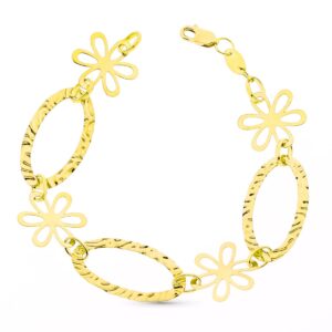 18K PULSERA ORO AMARILLO ESLABONES Y FLORES 19 CM